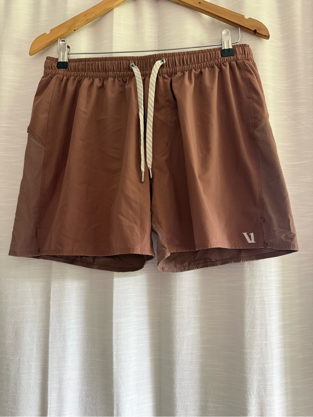 Vuori Men's Athletic Shorts in Brown with White Drawstring